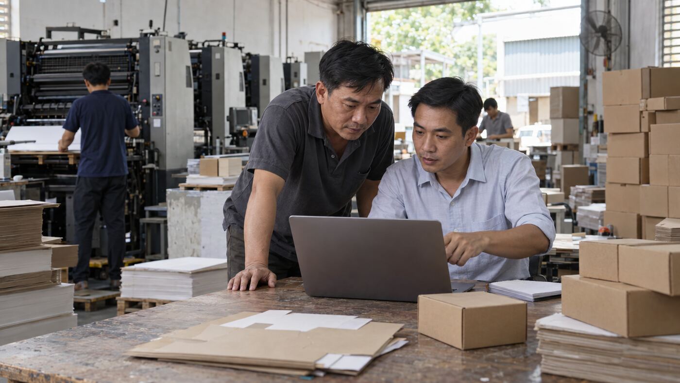 Chủ xưởng in bao bì cùng người tư vấn xem phần mềm trước khi thuê công ty phần mềm